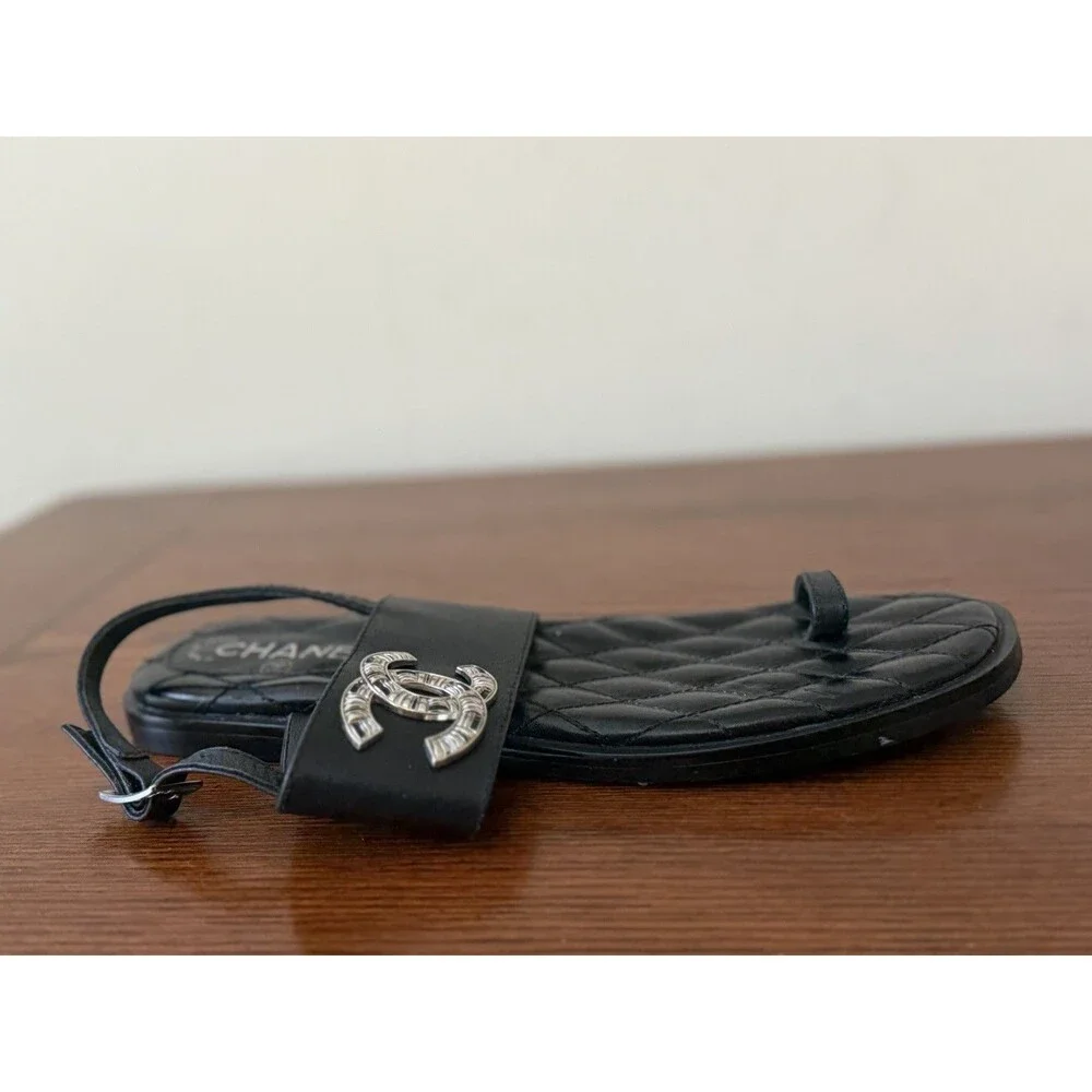 Chanel Black Quilted Leather CC Logo Thong Sandals, Size 39